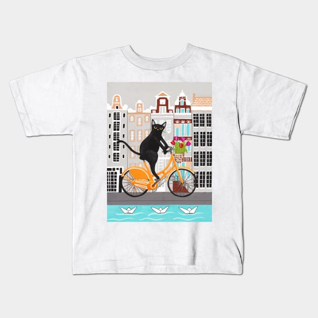 Black Cat Amsterdam Bicycle Ride Kids T-Shirt by KilkennyCat Art